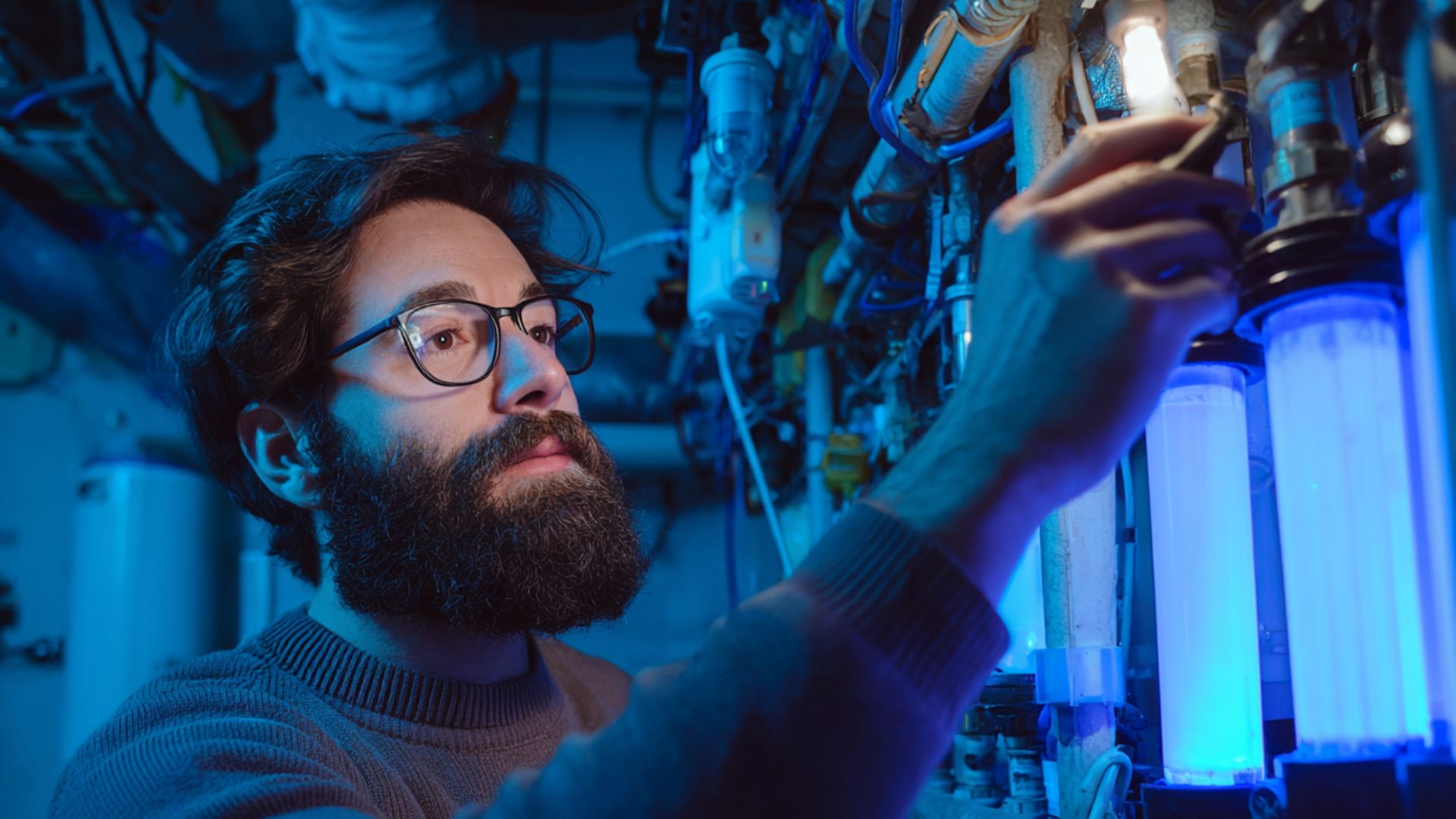 man checking water filtern system