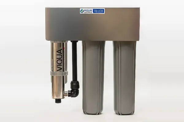 Aqua JUMBO UV water filter system with a stainless steel cover, twin 20-inch filters and a Viqua UV unit