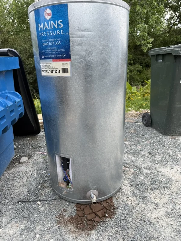 Mains pressure hot water cylinder removed from a rural home