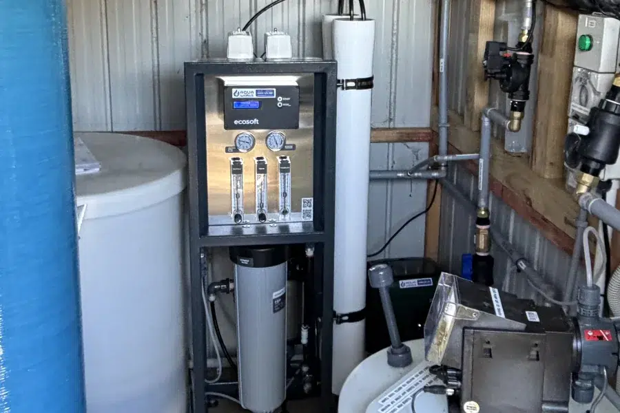 Ecosoft commercial reverse osmosis system in a Matakana treatment shed