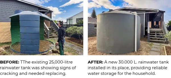 Before and after comparison of a cracked 25,000-litre rainwater tank being removed and replaced with a new 30,000-litre plastic water tank by Aqua Works.