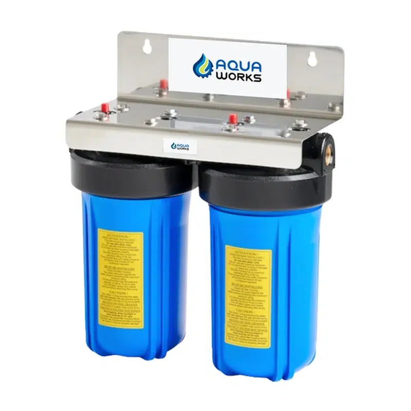 Aqua Works whole house filter system with two blue filter housings on a stainless bracket, no ioniser